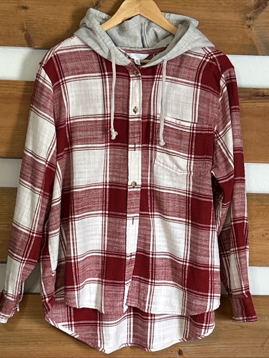 Time and Tru Jackets & Blazers - Time & Tru Long Sleeve Cream & Burnt Red Plaid Hooded Shacket Women's 2XL (20)